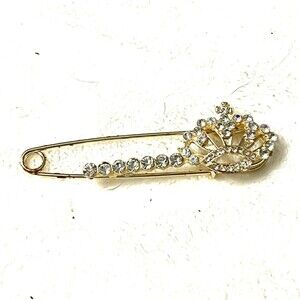 Gold Tone Princess Crown Safety Pin Brooch- Multi-colored Rhinestones